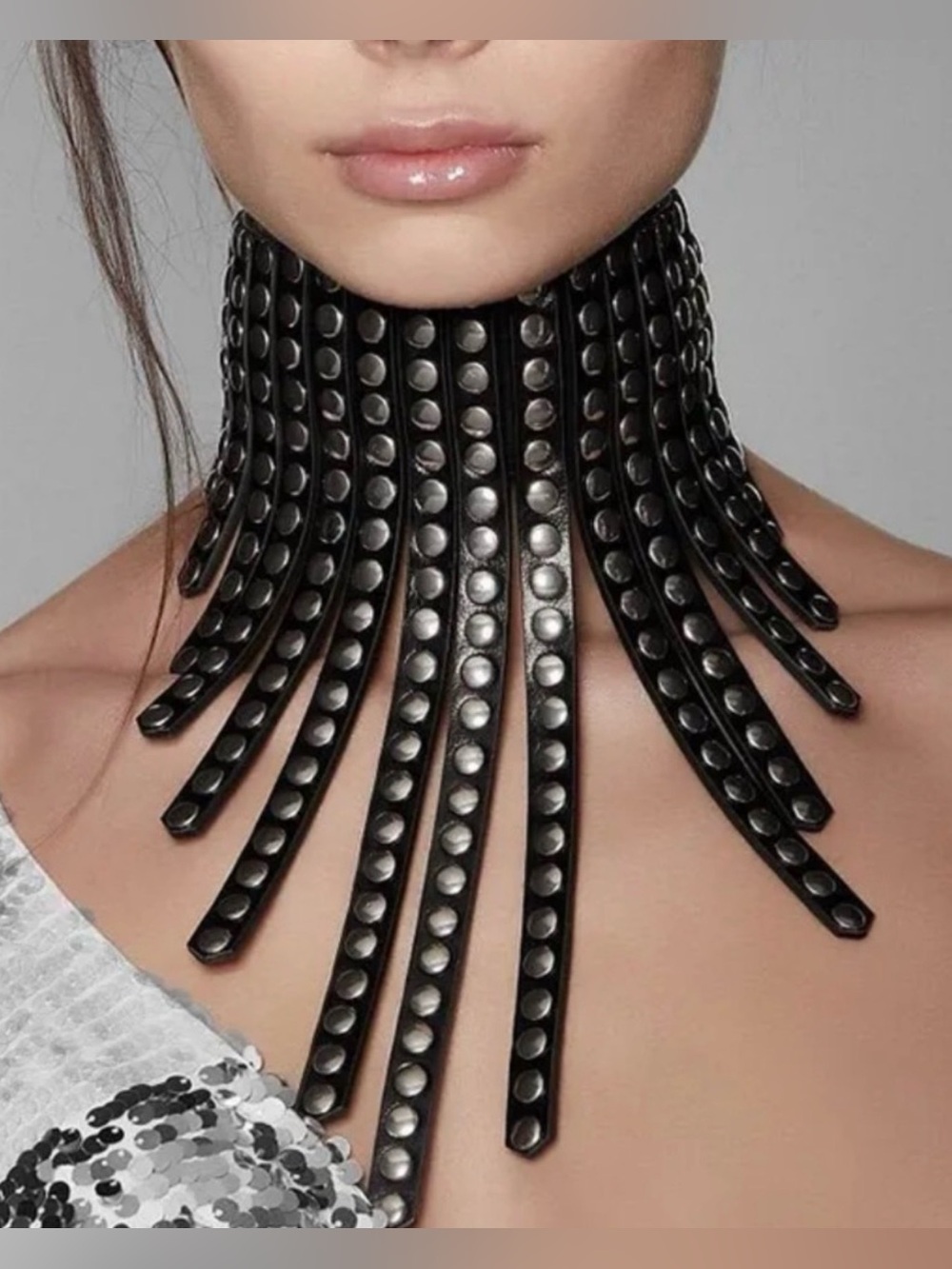 New Black Leather Studded Fringe Collar Statement Necklace